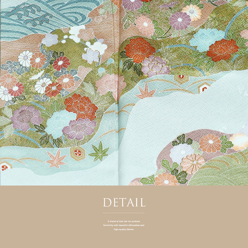 訪問着 リサイクル 身丈159.2cm 裄68.4cm 袷 牡丹に花丸柄 金駒刺繍 箔 ブルー Mサイズ セミフォーマル 正絹 広衿 Aランク