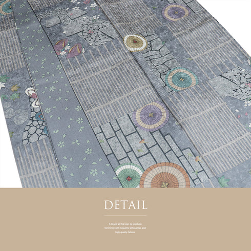 小紋 リサイクル 身丈163cm 裄62.8cm 袷 石畳に番傘や草履柄 地紋 グレー Lサイズ お洒落 カジュアル 正絹 広衿 Sランク