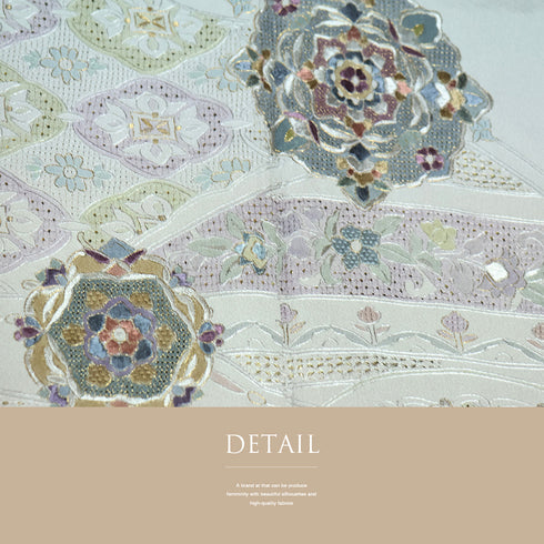 訪問着 リサイクル 身丈159.2cm 裄64.4cm 袷 華文柄 汕頭刺繍 グレー Mサイズ セミフォーマル お洒落 正絹 広衿 Sランク