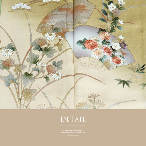付下げ リサイクル 身丈164.8cm 裄68.4cm 袷 扇子や菊に草花柄 刺繍 金彩 ブラウン Lサイズ セミフォーマル お洒落 正絹 広衿 Sランク
