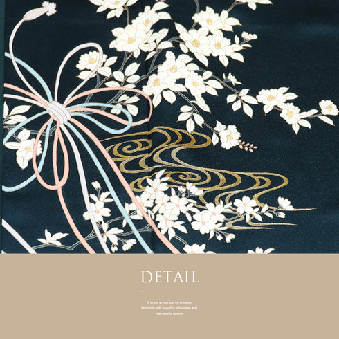 付下げ リサイクル 身丈156.7cm 裄62.6cm 袷 椿や花枝模様 箔加工 パールトーン加工 ネイビー Mサイズ フォーマル セミフォーマル 正絹 広衿 Aランク