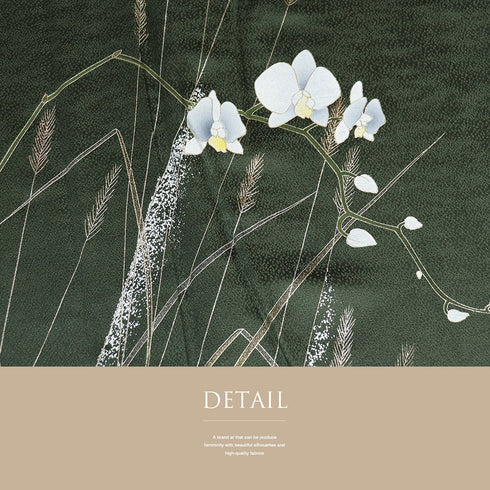 付下げ リサイクル 身丈157.2cm 裄62.4cm 袷 胡蝶蘭 草花柄 箔 グリーン Mサイズ フォーマル セミフォーマル 正絹 広衿 Sランク