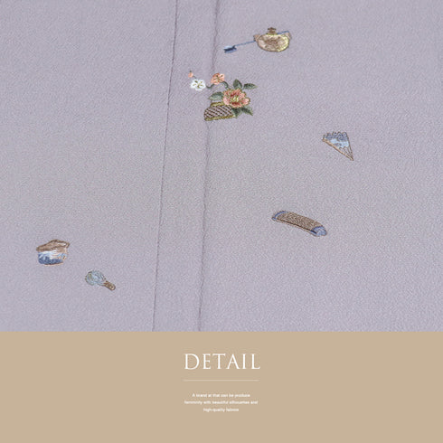 付下げ リサイクル 身丈163.5cm 裄69.6cm 袷 茶道具に花籠柄 刺繍 パープル Lサイズ お洒落 正絹 広衿 Sランク