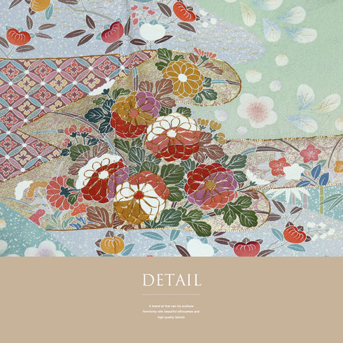 訪問着 リサイクル 身丈164.2cm 裄66.4cm 袷 霞に菊やたちばな柄 金駒刺繍 後絞り加工 箔 グリーン Lサイズ セミフォーマル お洒落 正絹 広衿 Sランク
