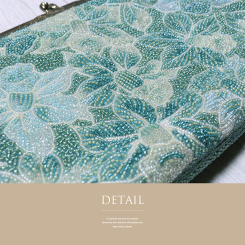 ビーズバック グリーン 花柄 お洒落 カジュアル 横幅22.5cm 高さ13cm マチ3.5cm Aランク 和装小物 ZO-87