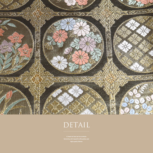 袋帯 リサイクル 帯丈426cm 六通 丸に花菱柄 梅や菊や牡丹柄 花柄 唐織割付文 ゴールド Sサイズ 正絹 未使用品 フォーマル セミフォーマル