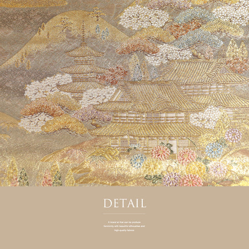 袋帯 リサイクル 帯丈438cm 六通 ながしま帯 西陣織 長嶋成織物 風景柄 ゴールド Mサイズ 正絹 Sランク フォーマル セミフォーマル