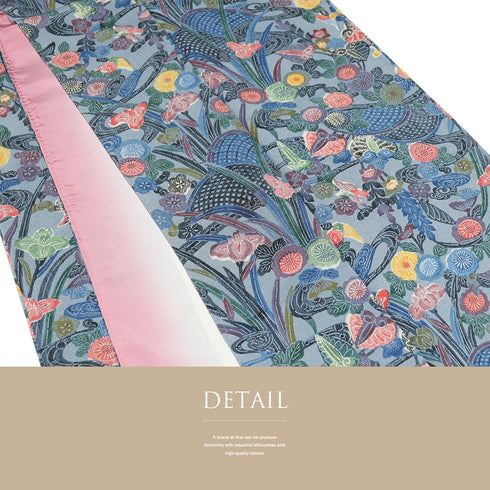 小紋 リサイクル 身丈155.8cm 裄62cm 袷 花や鳥柄 ブルー Mサイズ お洒落 正絹 広衿 Sランク