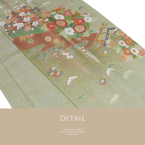 訪問着 リサイクル 身丈157cm 裄65.2cm 袷 松井清々 箔 松竹梅柄 グリーン Mサイズ セミフォーマル 落款 正絹 広衿 Sランク