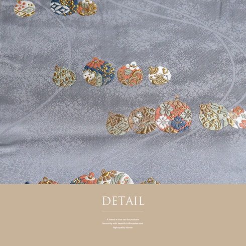 名古屋帯 リサイクル 帯丈354cm 六通 鈴柄 刺繍 地紋 グレー Sサイズ 正絹 Sランク お洒落