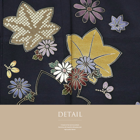 訪問着 リサイクル 身丈168.3cm 裄67cm 袷 紅葉や菊柄 箔 ネイビー LLサイズ お洒落 不明 広衿 Sランク