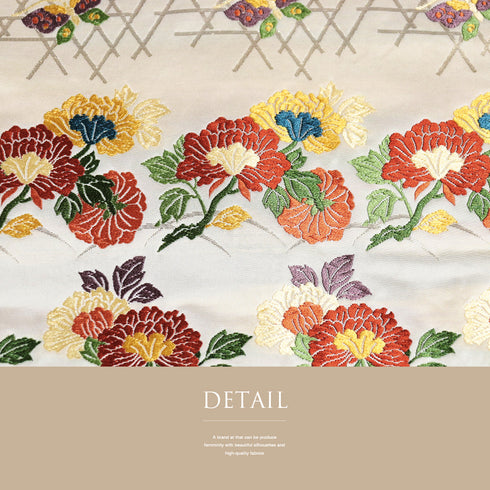 名古屋帯 リサイクル 帯丈355cm 六通 花柄 蝶柄 刺繍 ベージュ Sサイズ 正絹 Aランク お洒落