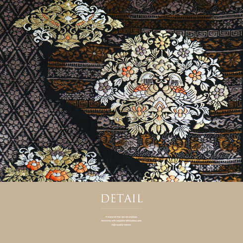 袋帯 リサイクル 帯丈436cm 六通 鴛鴦に鹿模様 ブラック Mサイズ 正絹 Sランク フォーマル