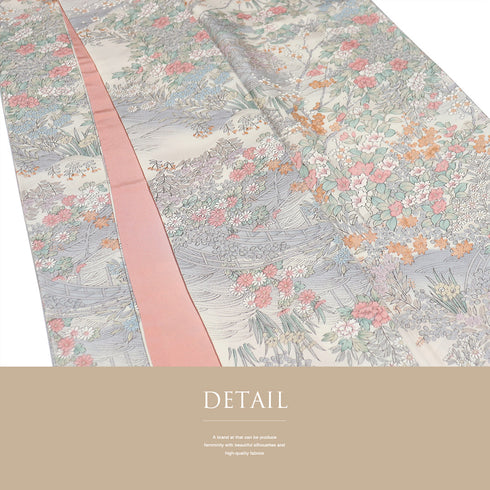 小紋 リサイクル 身丈156.5cm 裄64.4cm 袷 水辺の風景に花や鳥柄 地紋 ベージュ Mサイズ お洒落 カジュアル 正絹 広衿 Sランク