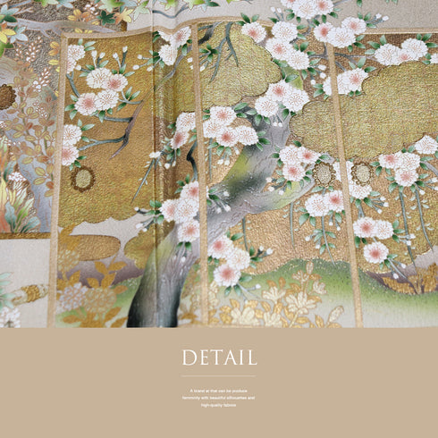 色留袖 リサイクル 身丈155.3cm 裄66.8cm 袷 金彩 花や雪輪に笛柄 ヒヨク付き ブラウン Sサイズ 落款 五つ紋 正絹 広衿 Sランク