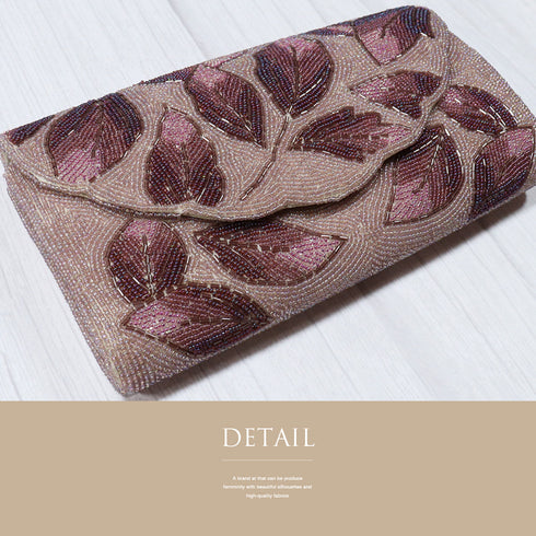 ビーズバック クラッチバッグ 葉柄 ピンクパープル お洒落 横幅22cm 高さ13cm マチ3.5cm Aランク 和装小物 ZO-88