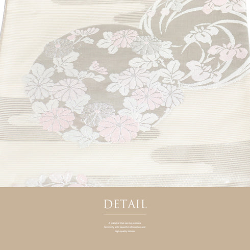 袋帯 リサイクル 帯丈428cm 六通 霞に花丸柄 夏物 ベージュ Sサイズ 混合 新品・未使用品 フォーマル セミフォーマル