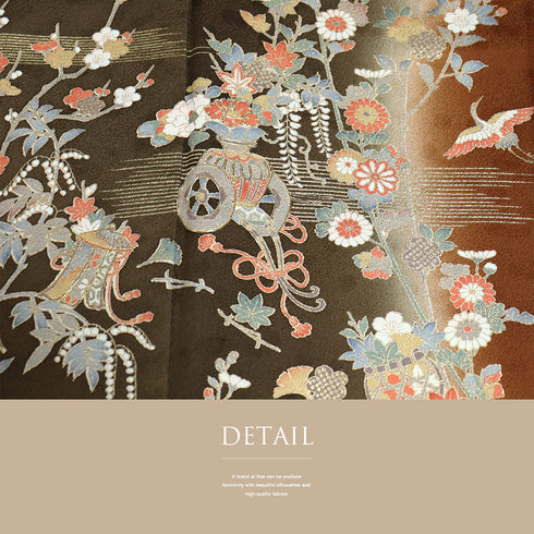 訪問着 リサイクル 身丈158.5cm 裄64.4cm 袷 花車や花籠柄 金駒刺繍 ブラウン Mサイズ セミフォーマル お洒落 正絹 広衿 Sランク