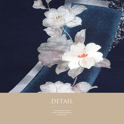 名古屋帯 リサイクル 帯丈351.5cm ポイント柄 花柄 金彩 刺繍 ネイビー Sサイズ 正絹 Sランク お洒落 カジュアル