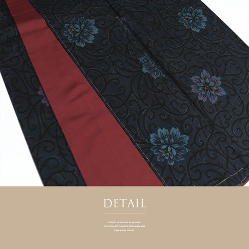 大島紬 リサイクル 身丈160.7cm 裄63.8cm 袷 花 唐草 ネイビー Lサイズ お洒落 カジュアル しつけ糸 正絹 広衿 Sランク