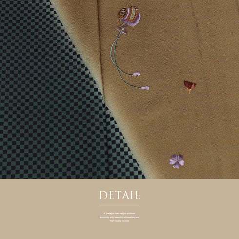 訪問着 リサイクル 身丈169.5cm 裄66.4cm 袷 打出の小槌や小花柄 刺繍 ブラウン LLサイズ お洒落 正絹 広衿 Aランク