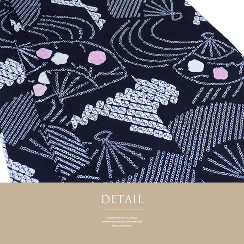 浴衣 リサイクル 夏着物 身丈149cm 裄62.5cm 夏物 絞り 扇子柄 ネイビー SSサイズ カジュアル 木綿 洗える着物 バチ衿 Sランク