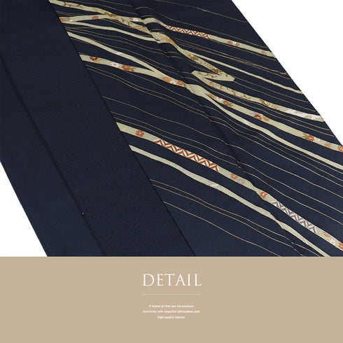 訪問着 リサイクル 身丈168cm 裄62.4cm 袷 デザイン線に熨斗柄 箔 ネイビー LLサイズ セミフォーマル お洒落 一つ紋 正絹 広衿 Sランク