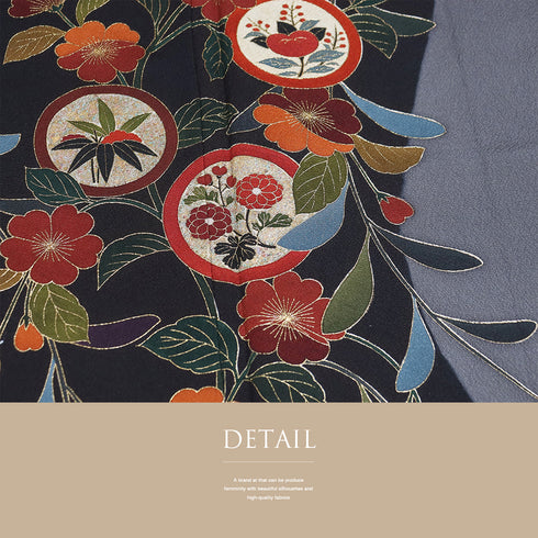 訪問着 リサイクル 身丈162.5cm 裄62cm 袷 丸に橘や菊柄 箔 金彩 ブラック Lサイズ セミフォーマル お洒落 正絹 広衿 Sランク