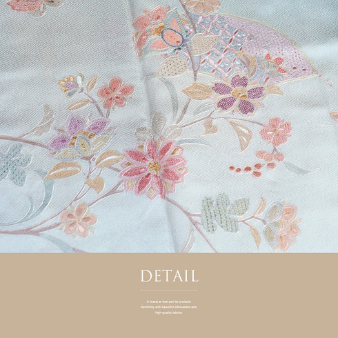 付下げ リサイクル 身丈164.5cm 裄68.6cm 袷 地紙に花や蝶柄 中国汕頭刺繍 ブルー Lサイズ セミフォーマル フォーマル 正絹 広衿 Sランク