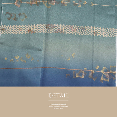 訪問着 リサイクル 身丈156.5cm 裄64.8cm 袷 箔 花や菱型模様 刺繍 グリーン Mサイズ お洒落 正絹 広衿 Aランク