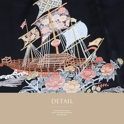 黒羽織 リサイクル 身丈81cm 裄65.2cm 袷 黒絵羽 帆船柄 相良刺繍 汕頭刺繍 ブラック Mサイズ フォーマル 一つ紋 正絹 Sランク