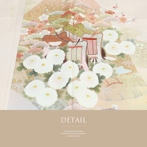 訪問着 リサイクル 身丈158cm 裄65.8cm 袷 御所車に鴛鴦や松竹梅柄 箔 作家 松井青々 ピンク Mサイズ フォーマル セミフォーマル 正絹 広衿 Aランク