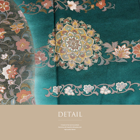 訪問着 リサイクル 身丈162.7cm 裄68.4cm 袷 華文柄 花唐草柄 箔 地紋 グリーン Lサイズ セミフォーマル 正絹 広衿 Sランク