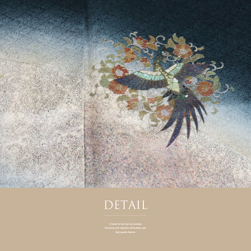 付下げ リサイクル 身丈170.8cm 裄68.4cm 袷 鳳凰に花唐草柄 地紋 箔 金彩 螺鈿風 ネイビー LLサイズ お洒落 正絹 広衿 Sランク