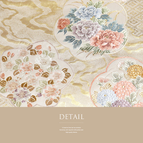 袋帯 リサイクル 帯丈440cm 六通 牡丹に菊や桜柄 刺繍 ゴールド Mサイズ 正絹 Sランク フォーマル セミフォーマル