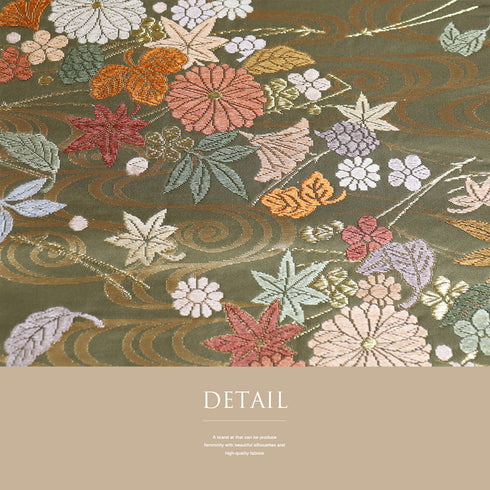 袋帯 リサイクル 帯丈422cm 六通 流水や菊柄 刺繍 唐織錦 グリーン Sサイズ 正絹 Sランク フォーマル セミフォーマル