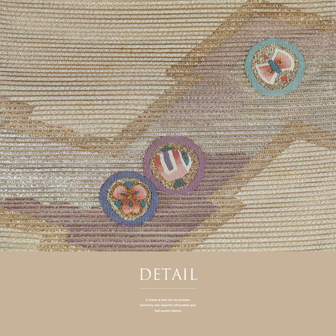 名古屋帯 リサイクル 帯丈382cm ポイント柄 夏用 丸に宝づくし柄 ベージュ Lサイズ 正絹 Aランク カジュアル お洒落