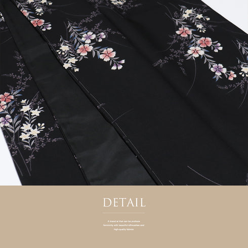 小紋 リサイクル 身丈165.8cm 裄67.5cm 袷 草花柄 既製品 ブラック LLサイズ お洒落 カジュアル ポリエステル 洗える着物 広衿 新品・未使用品