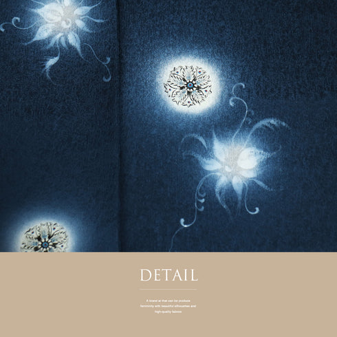 訪問着 リサイクル 身丈148cm 裄62.2cm 袷 デザイン花柄 地紋 京・綾小路 あうん坊 ネイビー SSサイズ お洒落 正絹 広衿 Sランク