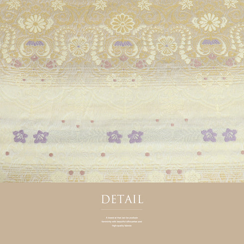 袋帯 リサイクル 帯丈437cm 全通 横段に花柄 ベージュ Mサイズ 正絹 Sランク お洒落