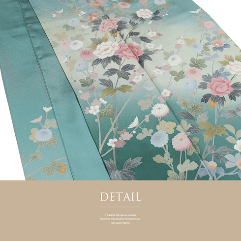 リサイクル 身丈160.5cm 裄66.2cm 袷 菊・牡丹 グリーン Lサイズ セミフォーマル 正絹 広衿 Sランク