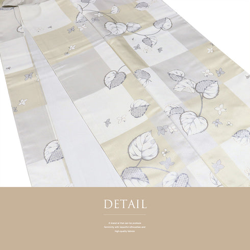 紬 リサイクル 身丈153.8cm 裄63.2cm 袷 市松に葉や小花柄 箔 ベージュ Sサイズ お洒落 カジュアル 正絹 広衿 Sランク