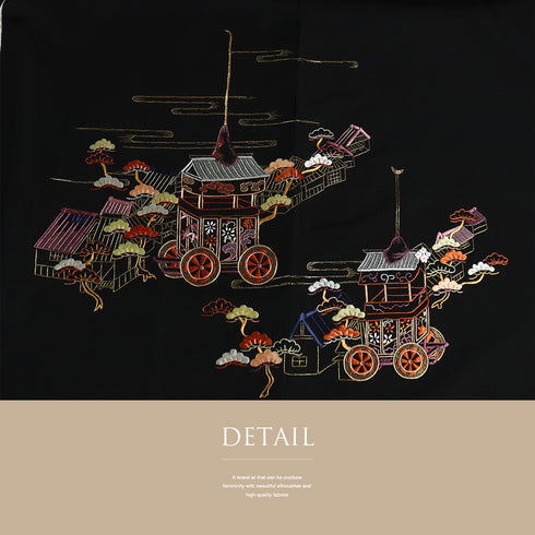 黒羽織 リサイクル 身丈81.2cm 裄67.2cm 袷 黒絵羽 祇園祭柄 ブラック Lサイズ フォーマル しつけ糸 正絹 Sランク