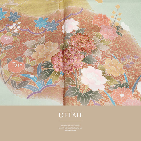訪問着 リサイクル 身丈167cm 裄67.6cm 袷 花柄 箔 金駒刺繍 グリーン LLサイズ セミフォーマル 正絹 広衿 Aランク
