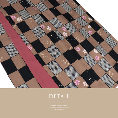 小紋 リサイクル 身丈161.8cm 裄67cm 袷 市松模様 桜柄 ブラック Lサイズ お洒落 カジュアル ポリエステル 洗える着物 広衿 Sランク