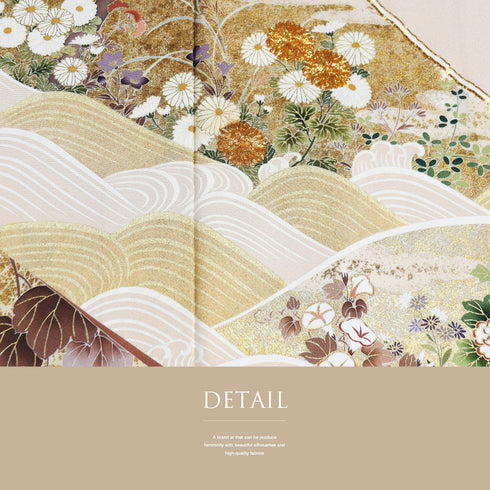 色留袖 リサイクル 身丈157.8cm 裄67.4cm 袷 波頭に四季花柄 金駒刺繍 ベージュ Mサイズ セミフォーマル 一つ紋 正絹 広衿 Aランク
