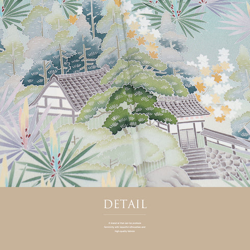 訪問着 リサイクル 身丈160.3cm 裄64.4cm 袷 若松や風景柄 グリーン Mサイズ セミフォーマル 一つ紋 正絹 広衿 Aランク