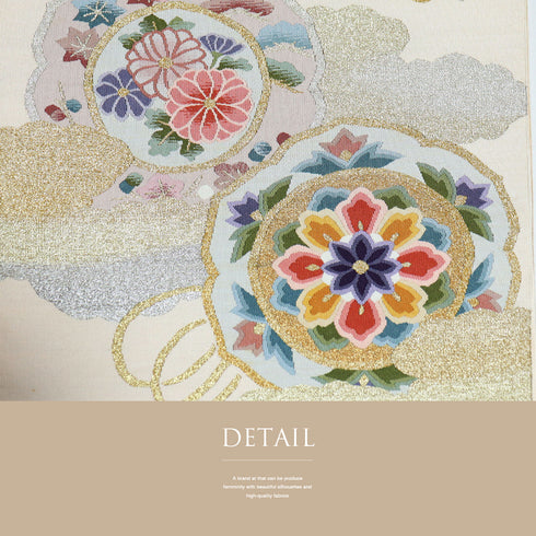 名古屋帯 リサイクル 帯丈356cm ポイント柄 華文に雲取り柄 つづれ織り ベージュ Sサイズ 正絹 Bランク お洒落