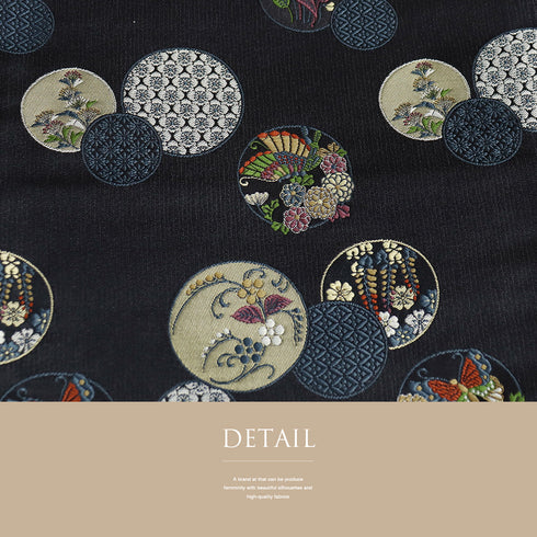 京袋帯 リサイクル 帯丈394cm ポイント柄 丸に蝶や草花柄 地紋 ブラック Lサイズ ポリエステル 新品・未使用品 お洒落 カジュアル