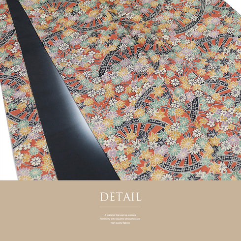 小紋 リサイクル 身丈157cm 裄64.6cm 袷 源氏車に菊柄 オレンジ Mサイズ お洒落 カジュアル しつけ糸 正絹 広衿 Sランク